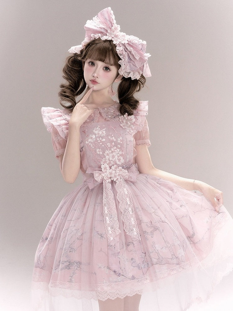 Pink Peter Pan Collar Fitted Waist Floral Embroidery Blouse - Yimu Walnut