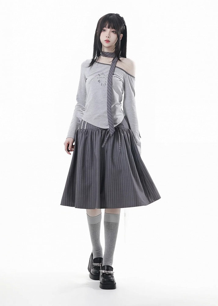 Gray Asymmetrical Neckline and Hem Long Sleeve Top