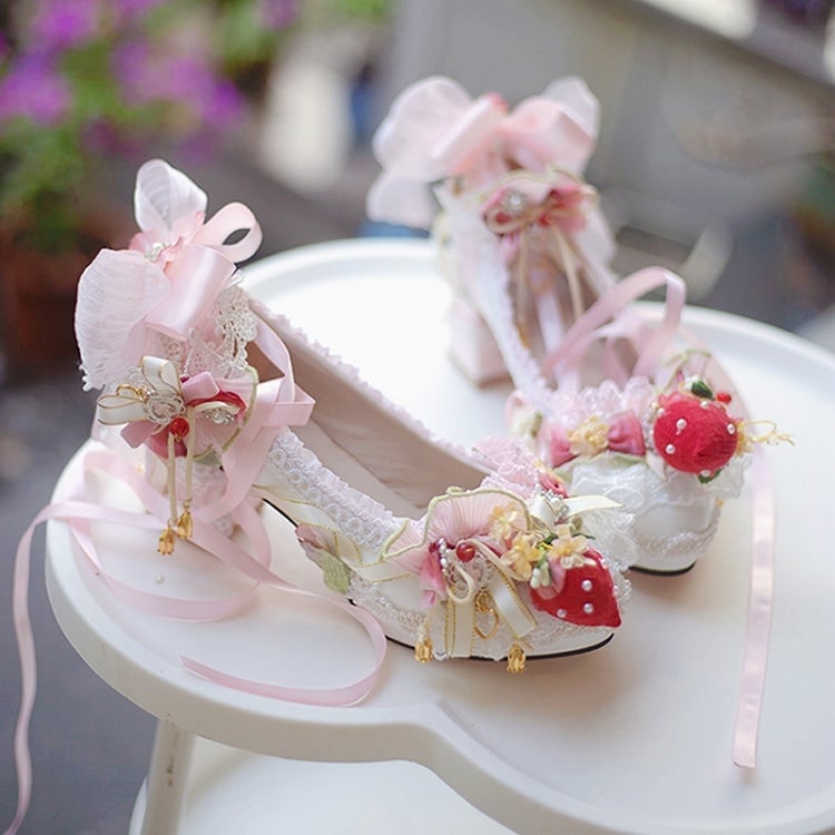 Decorated Heels WhitePink Lace Strawberry Block Lolita Shoes And Beaded 5CM/8.5CM Sweet Trim