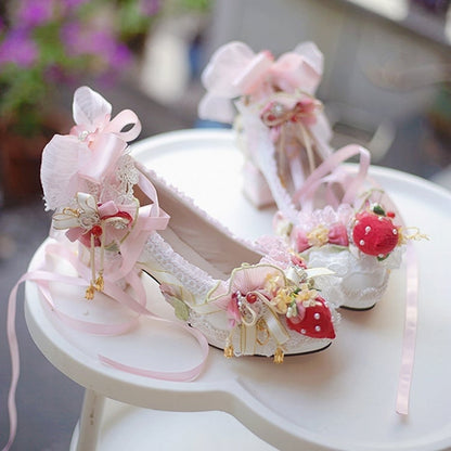 Decorated Heels WhitePink Lace Strawberry Block Lolita Shoes And Beaded 5CM/8.5CM Sweet Trim