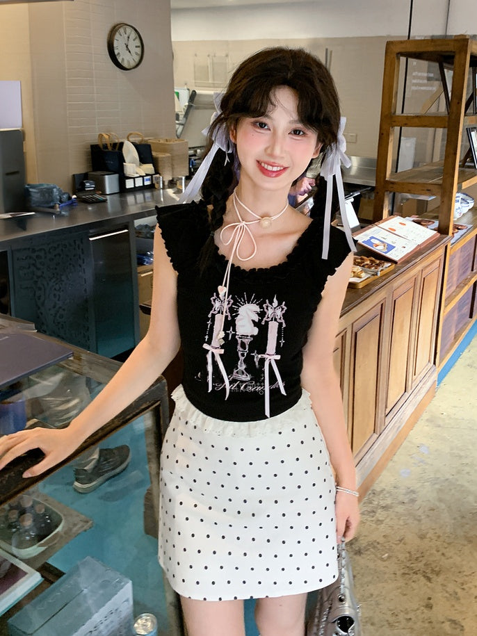 トップタンク ブラック キャンドルスティックプリント レーストリム ビタースウィート