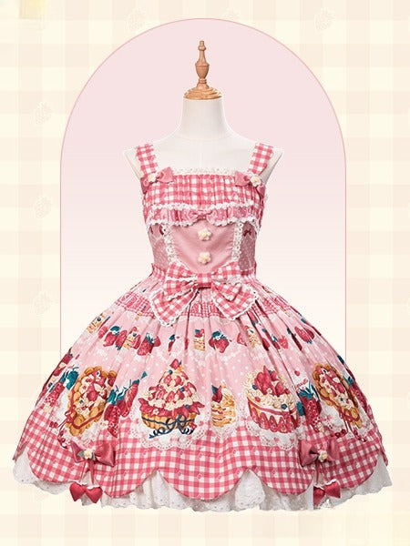 Strawberry Pink White with Print Trim Scalloped Cake JSK Dress Lolita Eyelet