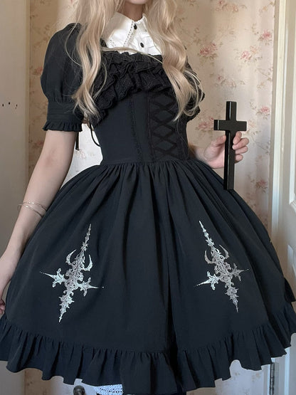 Black with Jumper Gothic Overlay Drawstring Boned Detachable Waist Lolita Skirt