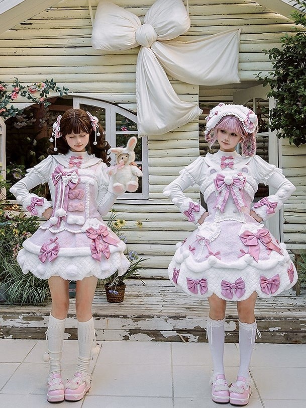White Bow Applique Sweetheart Plush Pink Details Lolita Dress with and Sweet Accents