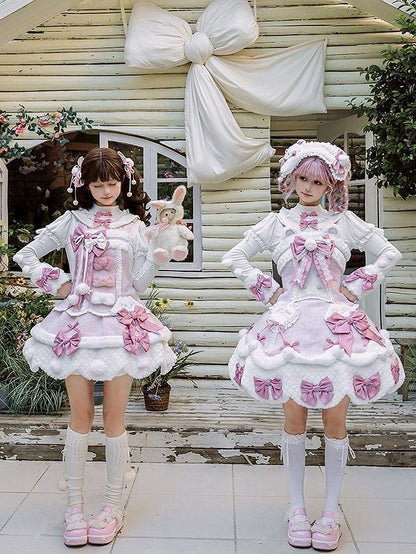 White Bow Applique Sweetheart Plush Pink Details Lolita Dress with and Sweet Accents