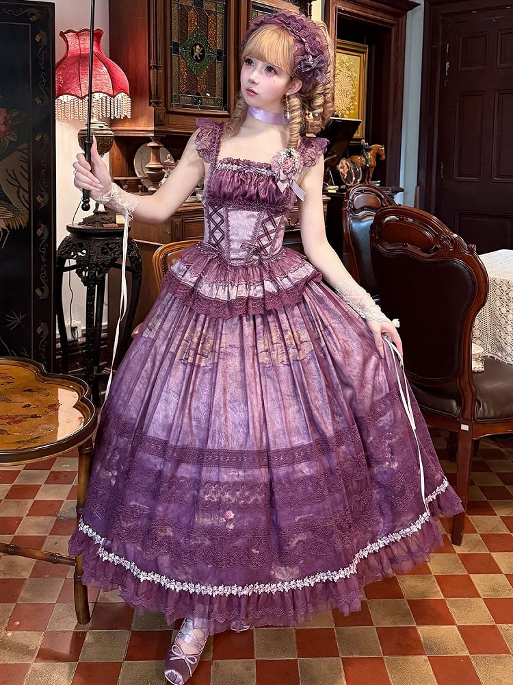Rock Baskisch + Lila Taille Malerei Klassisches Entbeintes Öl Top Lolita Overlay Print