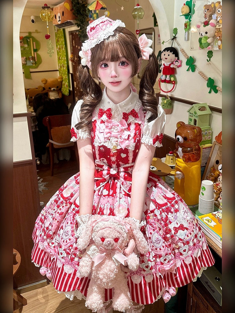 White Short Sleeve Sweet Lolita Ruffled Blouse with Red Polka-Dot Bows - Pastry Chef