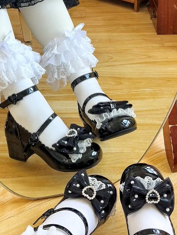 Black with Jane Shoes Trim Lolita Mary Elegant Lace