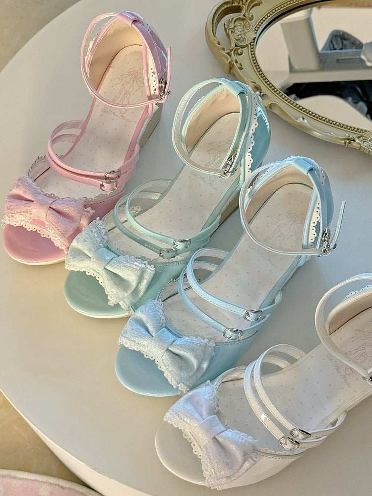 学校で履くピンクのリボントップのサンダル、スウィートオールドロリータウェッジ