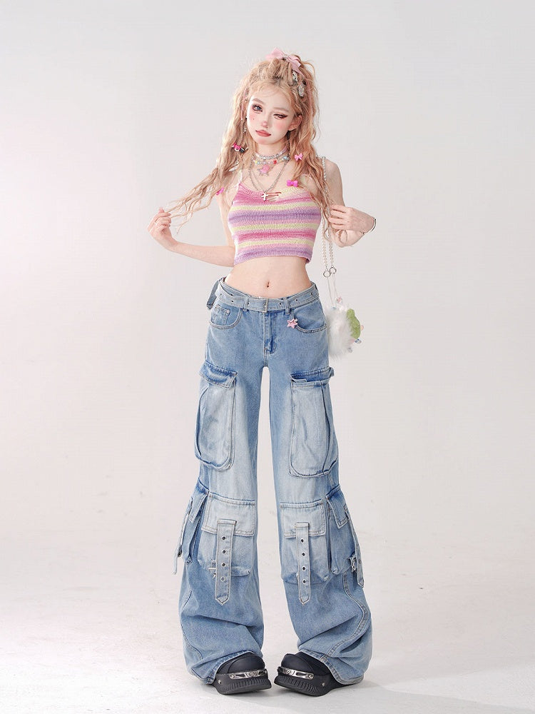 Purple  Green Striped Tank Top with Bow Straps and Pin Detail