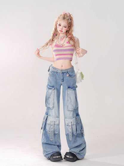 Purple  Green Striped Tank Top with Bow Straps and Pin Detail