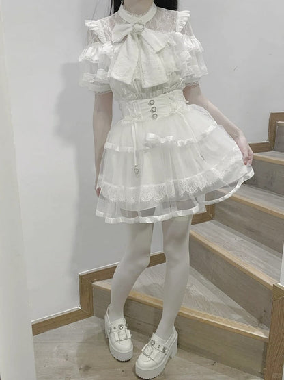 Blouse with Clearance-Size Ruffles 90CM for Heart Buttons Short Big Jirai Kei M White Illusion Neckline Tiered Bow Bust Sleeves