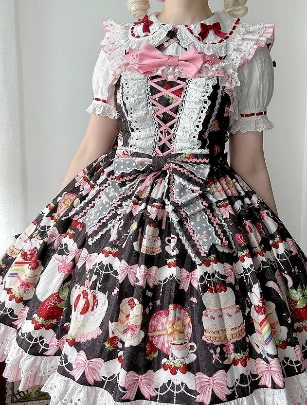 Print Rock Schwarze Schleifen Erdbeerpullover Dessert Sweet Lolita und