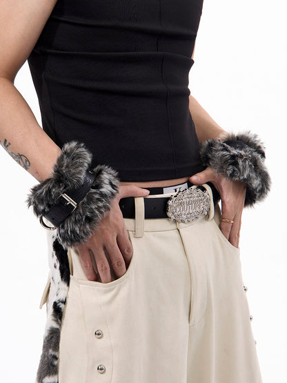 Unisex Fur Stud - Detail Patchwork Cuffs Dual Wrist Punk