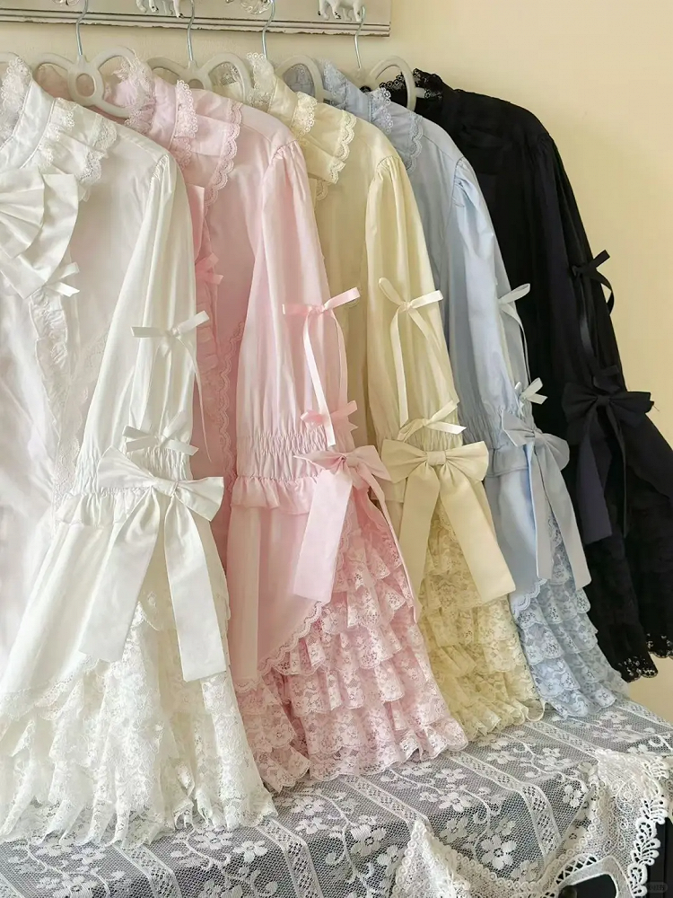 Plus Size White Black Pink Blue Apricot Lolita Bell Sleeve Blouse - Versatile girl