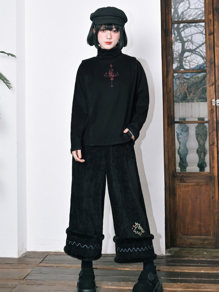 Unicorn Print Black Turtleneck Long Sleeve Top for Spring Autumn - Quirky Hut