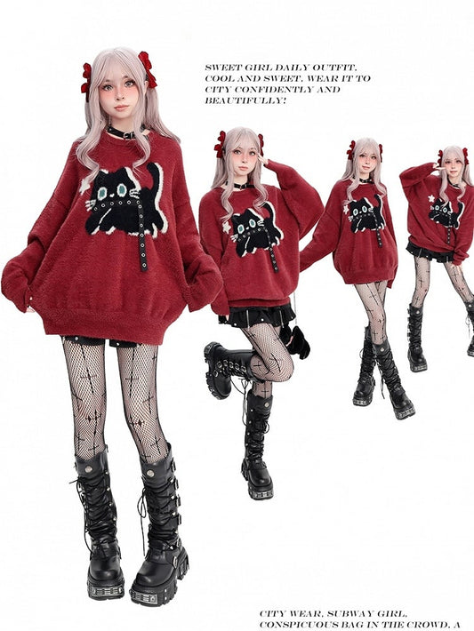 赤いキュートなキティ柄ストラップルーズセーター