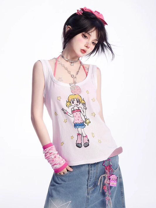 Tank Top Manga Girl Print Weiß Locker