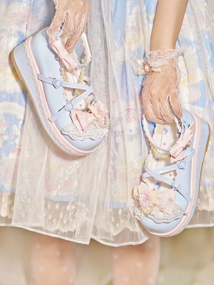 Blue Design With Lace Beaded Top Heart Platforms Detachable Buckle Chain at Trim Floral Bow