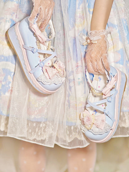 Blue Design With Lace Beaded Top Heart Platforms Detachable Buckle Chain at Trim Floral Bow