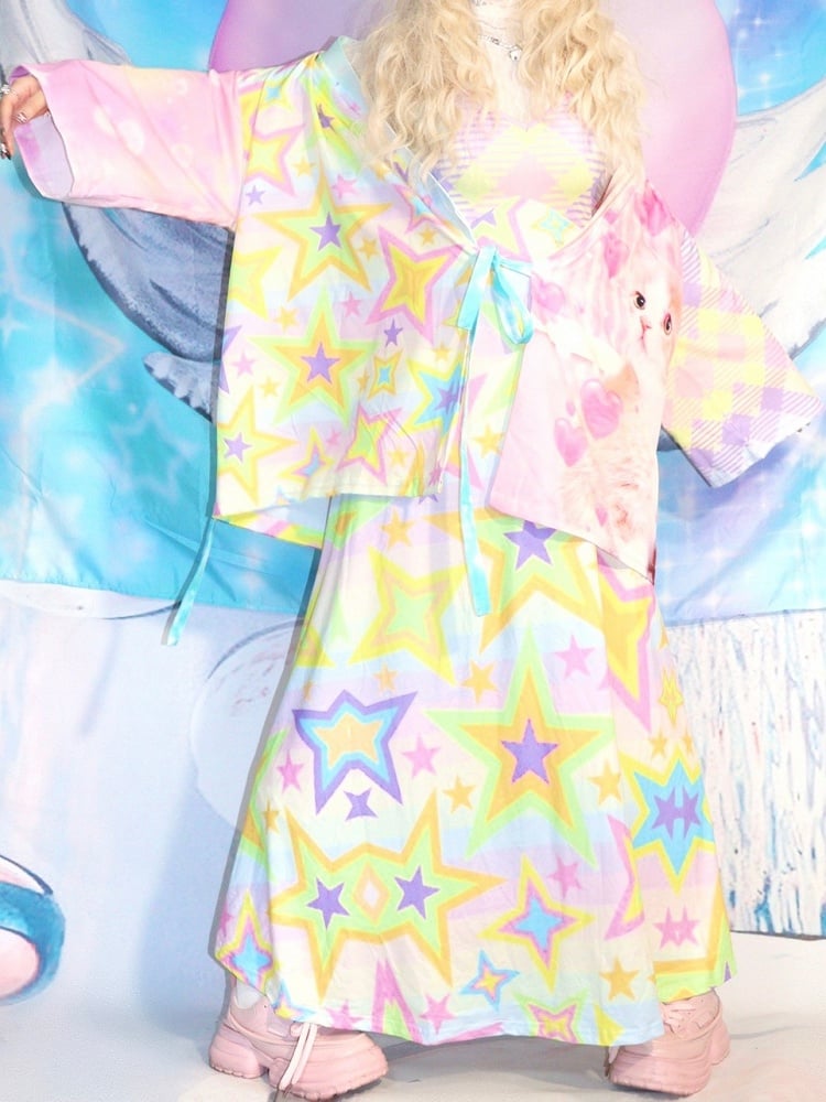 Macaroon Y2K Cami Dress with Star Prints and Striped Patterns