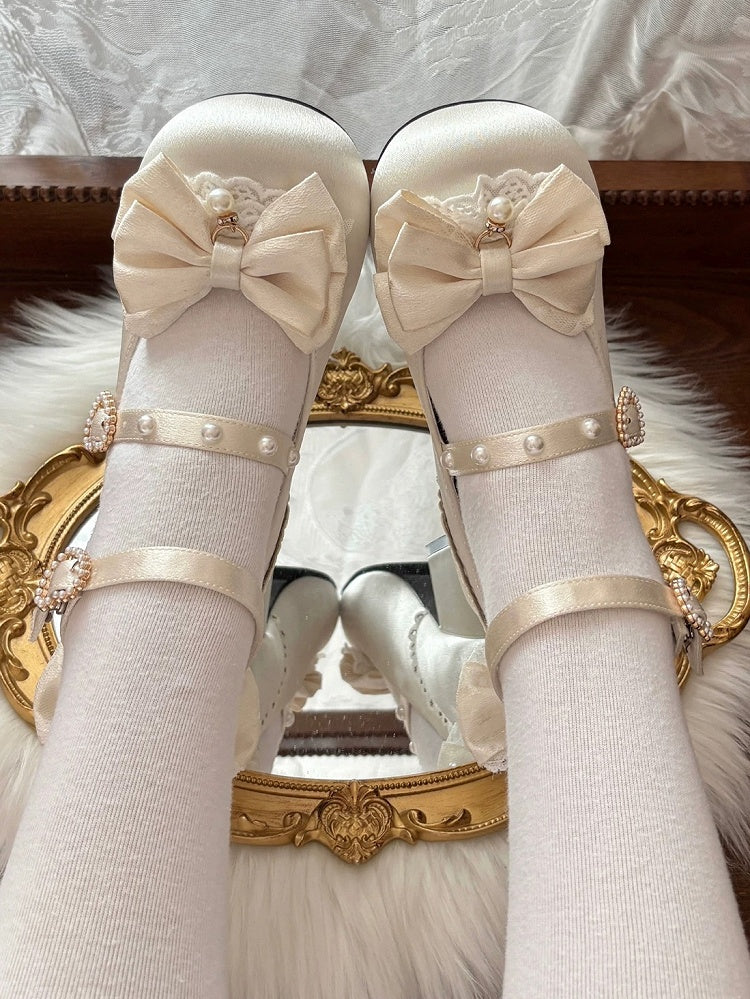 Beige Satin Low-Heel Mary Janes with Beads by Mie Mie Shop