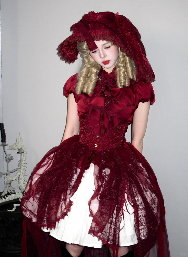 Roter Gothic Lolita Korsettgürtel mit Tunnelzug-Design, Kathedralen-Stickerei-Overlay