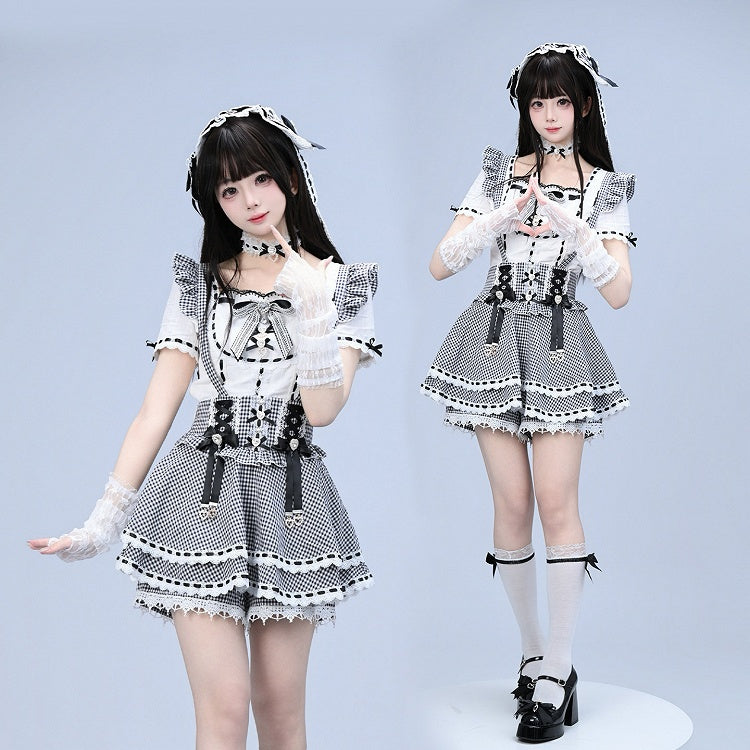 Black White Gingham Jirai Kei Overall Skort with Bow Lace Details - Broken Bear