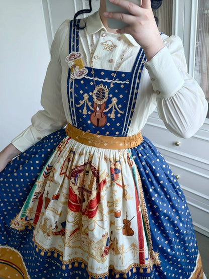Dark Blue Musical Print Overall Dress with Detachable Straps - Crucis Universal Tailor Company