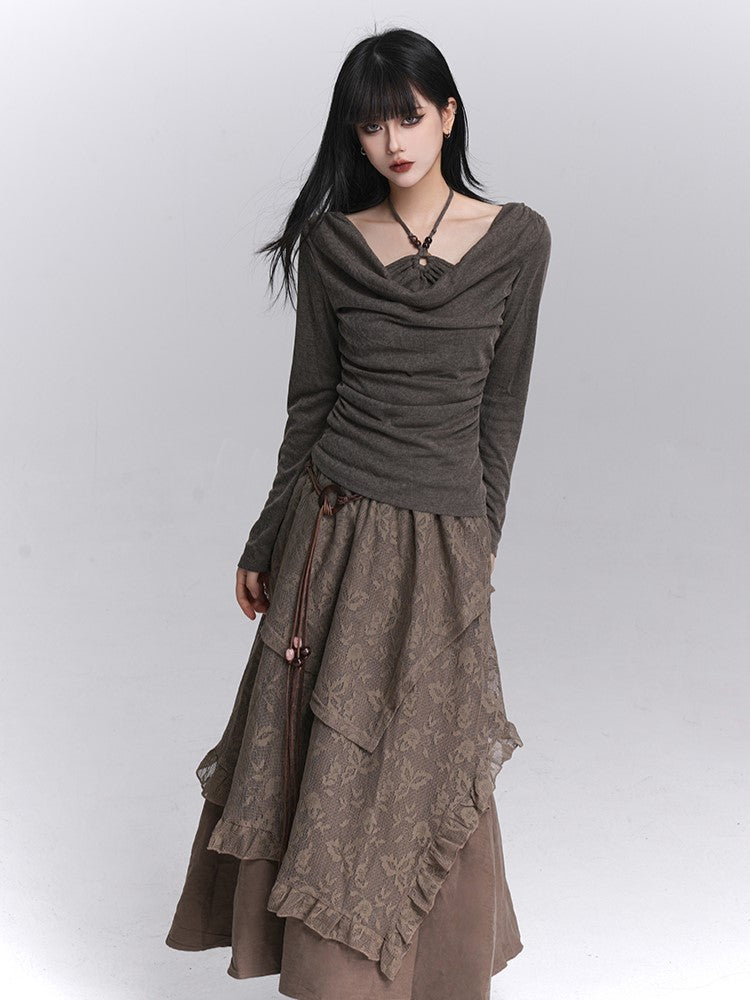 with Coffee Two-Piece Faux Gothic Design High-Stretch Top Halter