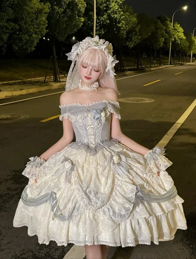 ダスティブルーのコルセットウエスト花嫁プリンセスロリータハイローレイヤードヘムドレスショートバージョン