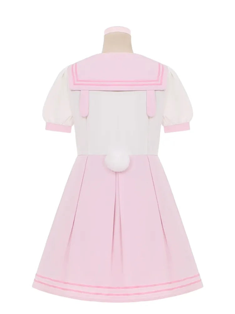 Pleat Bowknot Ears Bunny Collar Sailor Dress Pink Cute and White Box Skirt