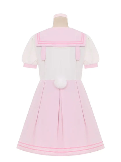 Pleat Bowknot Ears Bunny Collar Sailor Dress Pink Cute and White Box Skirt