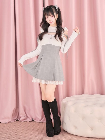 White Cut-Out Shoulder Knit Plaid Dress with Lace Trim - No Genki
