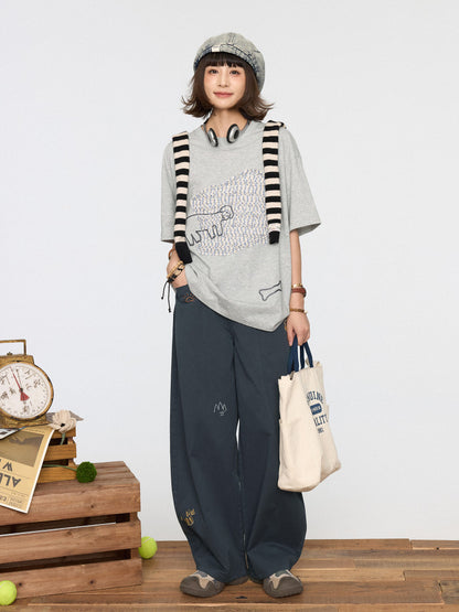 Wide-leg Vintage Embroidery Dark for Pants Winter Cut Autumn Cute - Blue