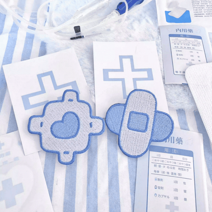 Clip Hair in Yami Embroidered Aqua Heart Bandage Kawaii White Blue