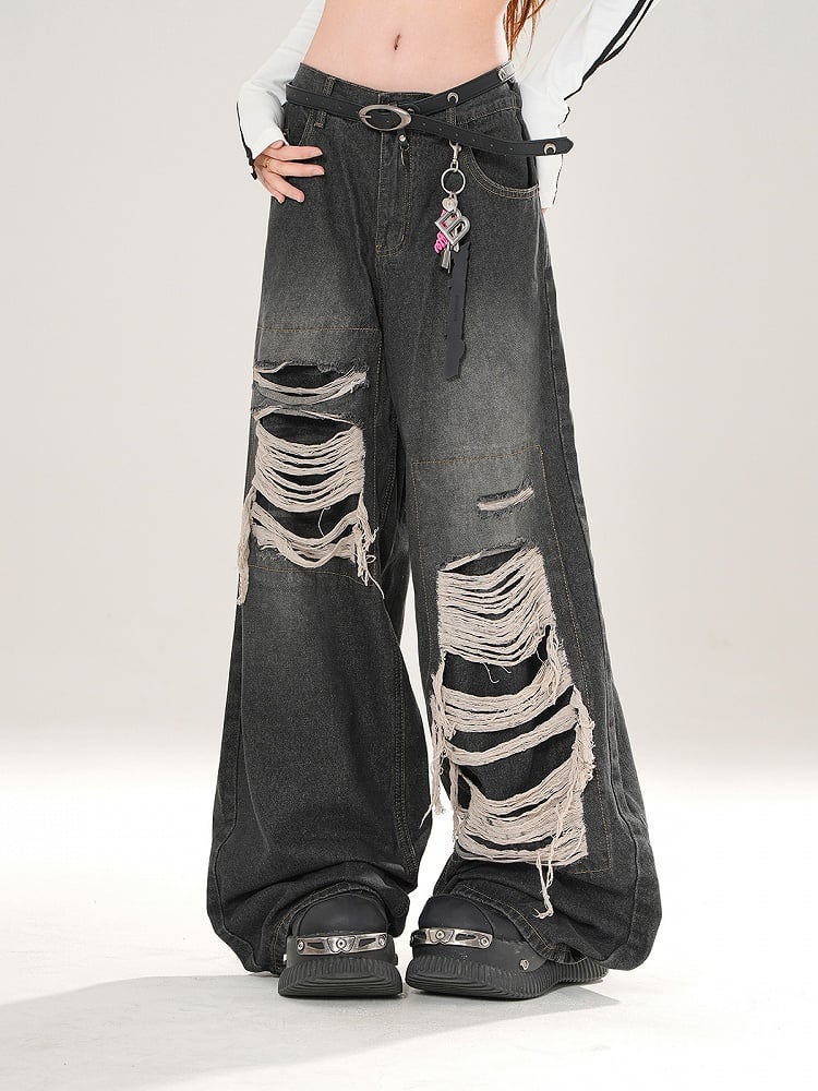 Vintage Black Wide-Leg Jeans with Distressed Detailing