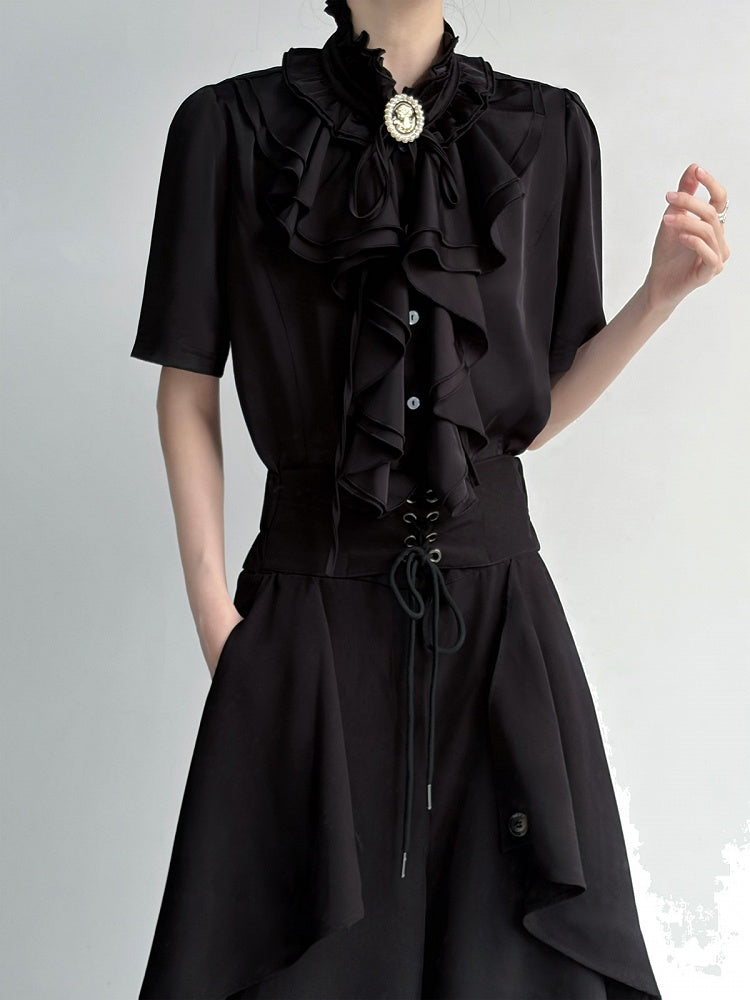 Ouji Black Short Sleeve Blouse Layered Ruffle - ROAE