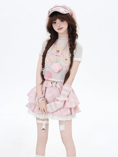 Cropped Beige/Light Pink Yume T-Shirt Adorable Animal Print Semi-sheer Kawaii