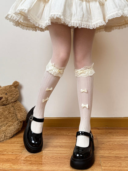 Lolita Calf Socks in Milk Yellow & White with Lace Trim & Bow Accents - Fat Bear Story