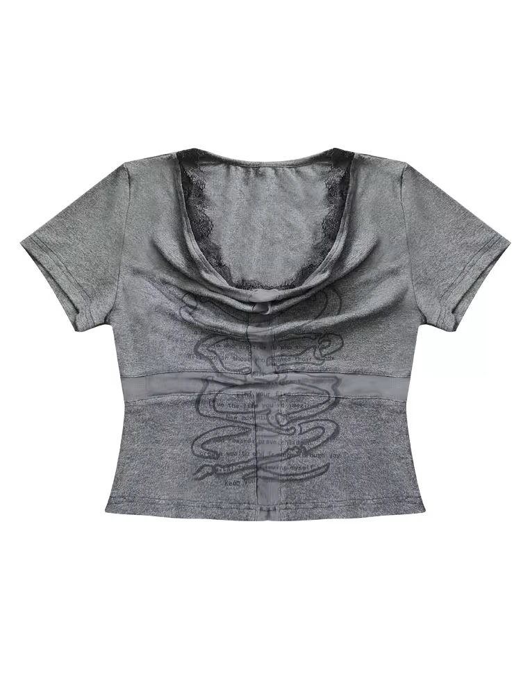 Dark Gray Cowl Neckline Cross Cutout Detail T-Shirt