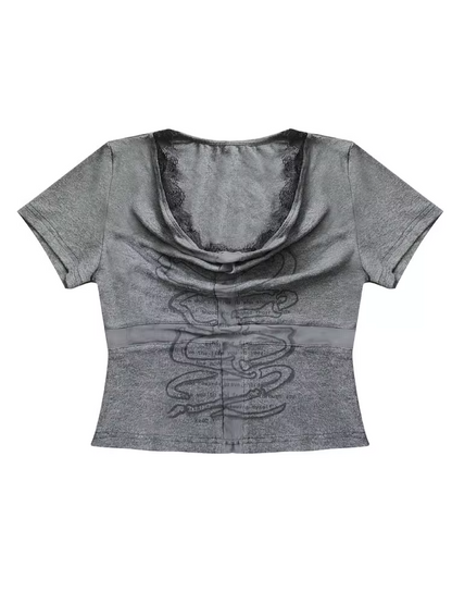 Dark Gray Cowl Neckline Cross Cutout Detail T-Shirt