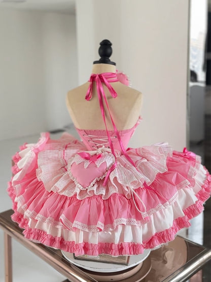 ピンクの骨太バスクウエストパフィードレス（蝶結びと大きなパッド入りハート付き）