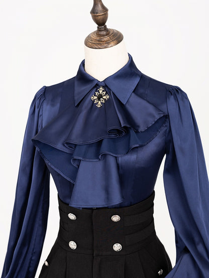 Royal Blue Pleated Bodice Shirt with Foldover Collar and Ruffle Cuffs - DevilInspired Exclusive Collection