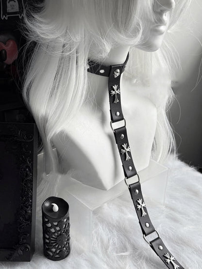 Chain Choker Punk Black/Red PU Cross Embellished Stud and