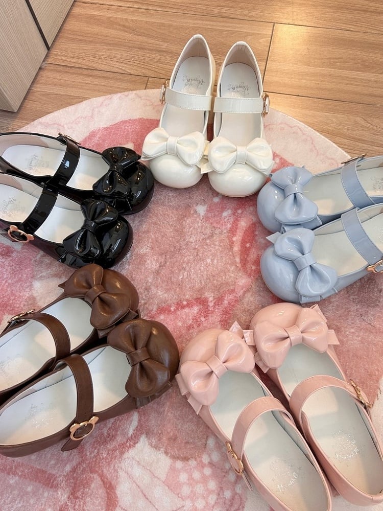 Black Sweet Lolita Low-heel Mary Janes with Teddy Bear Snap & Bow Accents