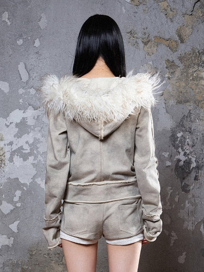 Punk Collar Cotton Fur Grayish Jacket Apricot Distressed Faux with Detachable Hoodie Lining/Regular