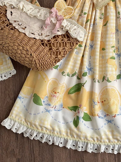 Chick Yellow Print Lemon Dress and Sweet Lolita High Waist Gingham