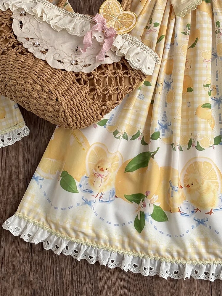Zitronenkleid mit Chick-Gelb-Print und süßem Lolita-Gingham mit hoher Taille