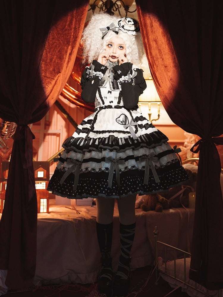 Lolita Tiered Oreo Set JSK Full Accents White Cake Bow Skirt Sweet Black and